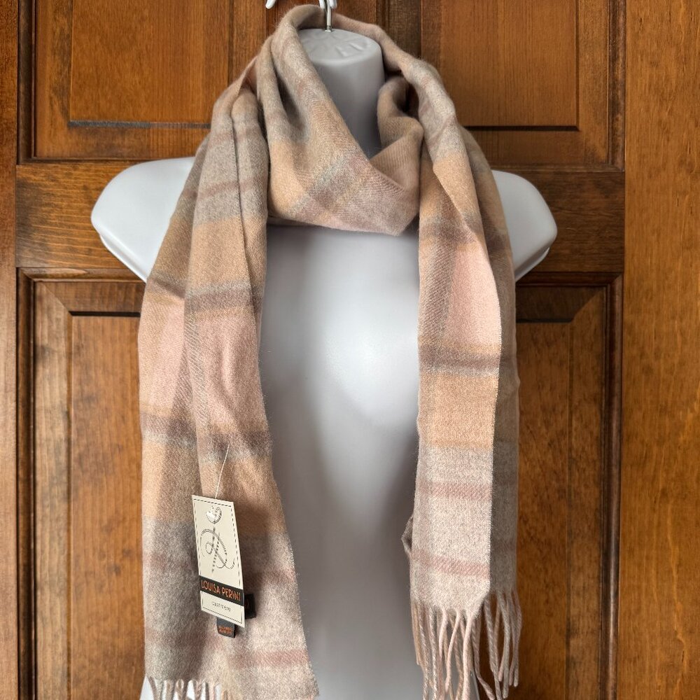NWT Louisa Perini Peach/Gray/Tan Plaid Cashmere Scarf w/Fringe